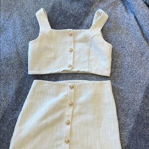 Burlap style Cream Buttoned Crop Top and Skirt Set 14Y fits like women’s.